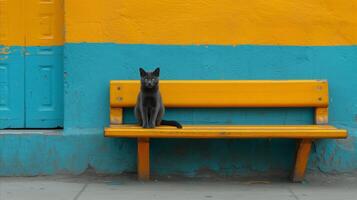 ai generiert grau Katze Sitzung auf Gelb Bank mit Blau und Gelb Mauer Hintergrund foto