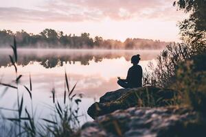 ai generiert Meditation beim Sonnenaufgang auf neblig Seeufer foto