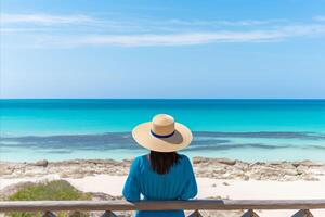 ai generiert heiter Frau im stilvoll Hut bewundern azurblau Meer und sandig Strand auf exotisch Küsten Flucht foto