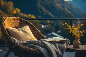 ai generiert Berg Rückzug Wonne. gemütlich lesen Winkel mit Bücher und warm Decke auf szenisch Terrasse foto