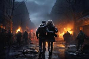 ai generiert umarmt Paar im Regen, inmitten Feuer verwüstet Gebäude. Krieg und Katastrophe Konzept. foto