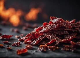 ai generiert getrocknet gepfeffert Rindfleisch ruckartig auf ein dunkel Oberfläche foto