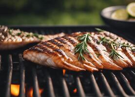 ai generiert gegrillt Fisch mit Zitrone und Rosmarin auf Grill Grill, Nahansicht foto