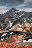 erstaunliche isländische Landschaft mit farbenfrohen regenbogenfarbenen vulkanischen Landmannalaugar-Bergen, am berühmten Laugavegur-Wanderweg mit dramatischem Schneehimmel und rotem Vulkanboden in Island foto