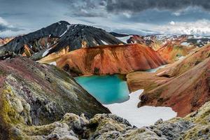Landschaftsblick auf bunte regenbogenfarbene vulkanische Landmannalaugar-Berge und den berühmten Laugavegur-Wanderweg, mit dramatischem Himmel und Schnee in Island, Sommer foto