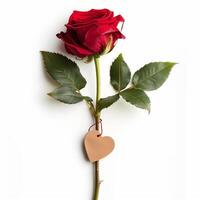 ai generiert romantisch rot Rose mit Herz Etikett foto