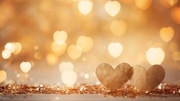 ai generiert zwei golden Herzen auf Bokeh Hintergrund. Valentinstag Tag Konzept foto