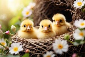 ai generiert süß flauschige Gelb Küken im ein Frühling Blühen Nest von Zweige und Blumen im Natur. Frühling Karte, Frühling Zeit, Kinder, Kindheit. ai generiert foto