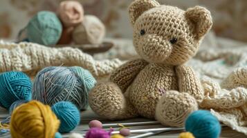 ai generiert ein handgemacht gestrickt Teddy Bär mit Bälle von Garn und Stricken Nadeln. das Konzept von Handbuch Arbeit, Hobbys, und Komfort. fotorealistisch, Hintergrund mit Bokeh Wirkung. foto