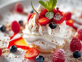 ai generiert Baiser Kuchen Törtchen mit Minze und Beeren. Nachspeisen zum Tee behandeln. Essen Illustration. fotorealistisch. ai generiert. foto