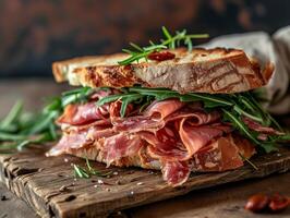 ai generiert Sandwich mit Stücke von getrocknet Fleisch Mortadella und Grüns. Italienisch Snack im Nahansicht. fotorealistisch, Hintergrund mit Bokeh Wirkung. ai generiert. foto