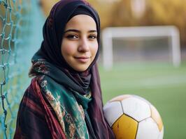 ai generiert ein Muslim jung Frau im ein Hijab mit ein Fußball. Porträt von ein islamisch Frau tun Sport im Nahansicht. fotorealistisch Hintergrund mit Bokeh Wirkung. ai generiert. foto