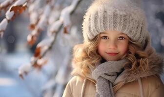 ai generiert ein Kind gekleidet im Winter zum ihr Winter Foto Sitzung. generiert durch künstlich Intelligenz.