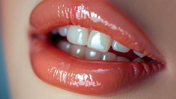 ai generiert schön weiblich Lippen mit Weiß Zähne Nahansicht Makro Foto. foto