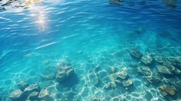 ai generiert Blau Meer Wasser Oberfläche mit Steine und Sonne leuchtenden durch das Wasser. foto