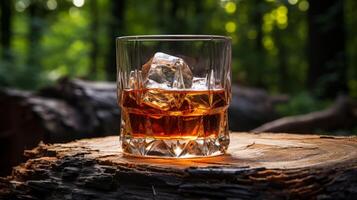 ai generiert Whiskey mit Eis im ein Glas auf ein Stumpf im das Wald foto