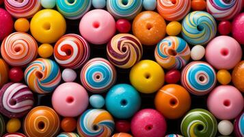 ai generiert bunt Süßigkeiten Hintergrund. oben Aussicht von bunt Süßigkeiten Hintergrund. foto