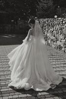 das Braut im ein luxuriös Kleid und Schleier Spaziergänge Nieder das Stein Pfad mit ihr Schultern gedreht. schwarz und Weiß Foto. großartig Kleid mit lange Ärmel, öffnen Büste. Sommer- Hochzeit foto