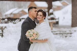 glücklich Paar küssen im Winter. Paar Umarmen im schneebedeckt Winter park.winter Hochzeit von stilvoll schön jung Paar Braut und Bräutigam foto