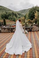 ein rothaarig Braut im ein elegant Kleid mit lange Ärmel und ein schön Ornament im ihr Haar, posiert mit ihr Schultern gedreht zu das Kamera auf das Hintergrund von Berge. lange Zug von das Kleid. foto