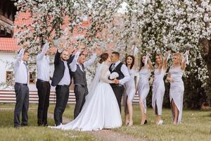 in voller Länge Porträt von das Jungvermählten und ihr freunde beim das Hochzeit. das Braut und Bräutigam mit Brautjungfern und freunde von das Bräutigam sind haben Spaß und Jubel beim das Hochzeit. foto