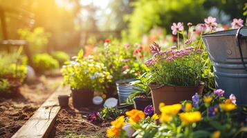 ai generiert Gartenarbeit Konzept. Garten Blumen und Pflanzen auf ein sonnig Frühling Hintergrund foto