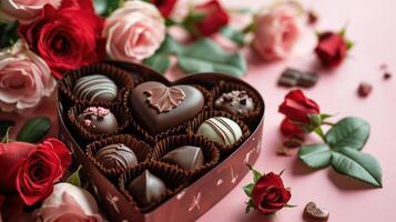 ai generiert Herz geformt Box von Schokolade Pralinen mit rot Rosen zum Valentinstag Tag isoliert auf Rosa mit Kopieren Raum. foto