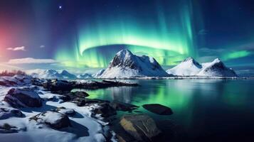 ai generiert Nord Beleuchtung im das Himmel im das Winter Berg Landschaft foto