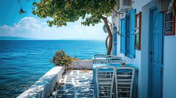 ai generiert griechisch Kultur mit traditionell Weiß und Blau griechisch die Architektur, Taverne durch das Meer foto