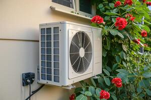 ai generiert Luft Quelle Hitze Pumpe Eingerichtet im Wohn Gebäude. foto