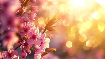 ai generiert Panorama- Frühling Hintergrund mit schön Rosa Kirsche Blüten, Bokeh Hintergrund foto