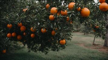 ai generiert ein sehr schließen Aussicht von Orange auf ein nett Orange Baum foto