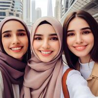 ai generiert lächelnd Muslim Frauen nehmen ein Selfie gegen ein Stadt Hintergrund zum Sozial Medien oder Mode Blogs. foto