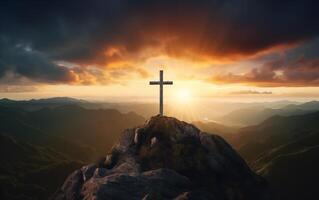 ai generiert Kreuz auf oben von Berg mit Sonnenuntergang Himmel Hintergrund. Christian Symbol. foto