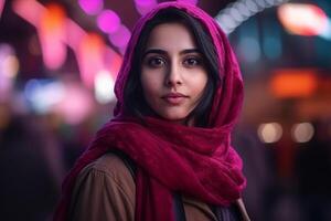 ai generiert Porträt von ein schön jung Frau tragen Schal im das Stadt beim Nacht. foto