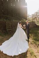 Porträt von jung Braut und Bräutigam Gehen auf Grün Gras während Sonnenuntergang nach Hochzeit Zeremonie, Vorderseite Sicht. glücklich Hochzeit Paar, Kopieren Raum foto