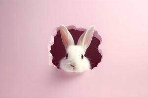 ai generiert Hase späht aus von ein Loch auf ein Rosa Hintergrund, Kopieren Raum. foto