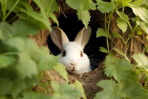 ai generiert Hase im das Loch von das Busch mit Grün Blätter Hintergrund. foto