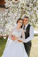 Hochzeit. Liebe und Paar im Garten zum Hochzeit. Feier von Zeremonie und Engagement. speichern das Datum. Vertrauen. das Braut und Bräutigam umarmen. das Bräutigam umarmt das Braut unter ein Frühling blühen Baum. foto