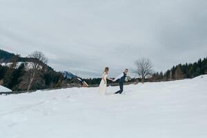 das Braut und Bräutigam gehen Hand im Hand gegen das Hintergrund von ein Winter Wald im das Berge. Schnee. Paar Gehen zu das Berg, Seite Sicht. Winter Hochzeit. foto