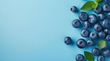 ai generiert verstreut Blaubeeren auf Blau, gesund Freude foto