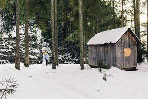 das Braut und Bräutigam gegen das Hintergrund von ein Kiefer Wald und Berge, ein hölzern Wald Haus nahe. das Braut und Bräutigam sind eingewickelt im ein Blau Decke. Winter Hochzeit. breit Winkel Foto