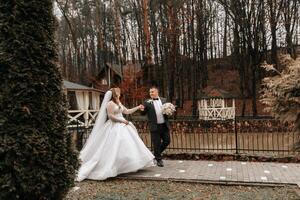 das Braut und Bräutigam sind Gehen in der Nähe von das Hotel und posieren, glücklich und genießen das Tag, halten Hände. ein lange Zug auf das Kleid. Winter Hochzeit foto