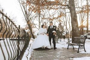 Winter Hochzeit. glücklich Paar Gehen im Hochzeit Kleider umarmen und lächelnd im ein Winter Park bedeckt mit Schnee auf ihr Hochzeit Tag. Winter Liebe Geschichte von ein schön Paar im schneebedeckt Winter Wetter foto