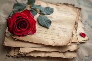 ai generiert romantisch Briefe retro alt und rot Rose Hintergrund foto