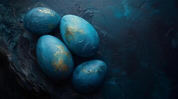 ai generiert Blau und Gold Ostern Eier Kunst foto