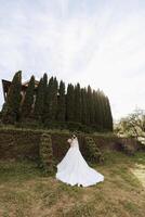 Brünette Braut im ein Spitzen- Weiß Kleid mit ein lange Zug, posieren mit ein Strauß von Weiß und Rosa Blumen, gegen das Hintergrund von Bäume. das Schleier ist im das Luft. schön Haar und bilden. foto