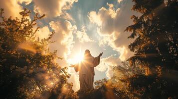 ai generiert Christus das Erlöser, göttlich Sonnenaufgang Umarmung foto