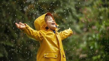 ai generiert Kind genießt Regen im üppig Grün foto