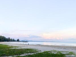 das sandig Ufer von Strand erstreckt sich entlang das Küste, Bereitstellung ein heiter und still Umgebung zum Strandgänger suchen ein friedlich fliehen. foto